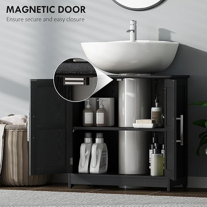HOMCOM Pedestal Sink Storage Cabinet, Farmhouse Freestanding Bathroom Sink Cabinet with 2 Barn Doors and Adjustable Shelf, Distressed Black