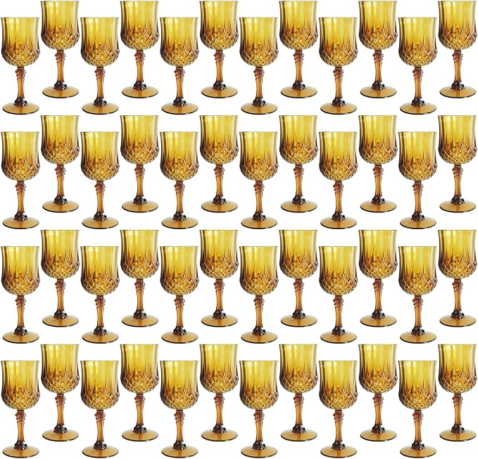 Plastic Wine Glasses, Plastic Goblets Vintage Style Cordial Unbreakable Drinking Glasses, Reusable Drinkware for Wedding Reception, Grand Event Party Supplies (48, Amber)