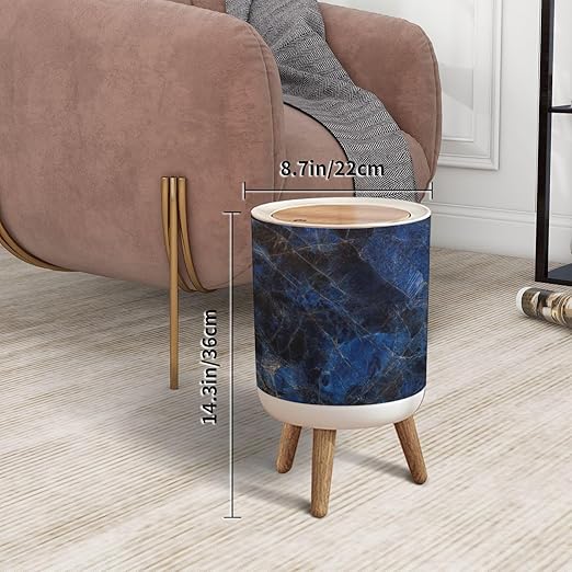 Trash Can with Lid Natural Marble Surface Rock Stone Emperador Blue marbel Press Top Round Small Garbage Bin with Wooden Legs Waste Basket for Kitchen Bedroom Nursery 7L/1.8 Gallon