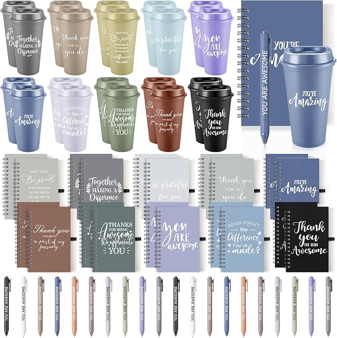 Teenyyou 60 Pcs Employee Appreciation Gift Set, 16oz Tumbler with Lid Notebook Pen Bulk Thank You Gift Holiday Party Favor for Teachers Office Coworker Teacher Staff Team (Dark Color,Classic Style)