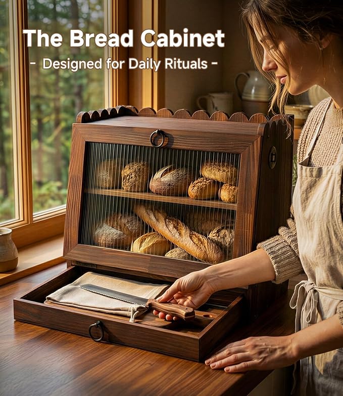 Bread Box for Kitchen Countertop Wooden Double Layer Bread Storage Container Bin Breadbox Holder Large Capacity Keeper Vintage Farmhouse Food Organizer (Brown, Large)