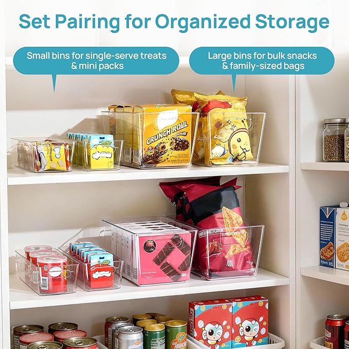 Vtopmart 8 Pack Clear Plastic Storage Bins Set, 4 Large and 4 Small Pantry Organizers and Storage Bins with Handle, Storage Containers for Pantry, Kitchen, Fridge, Cabinet Organization