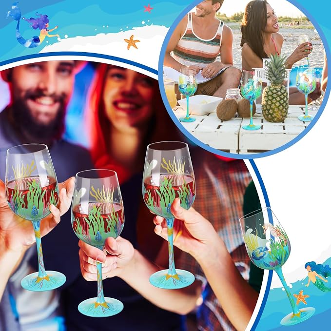 SiliFine 4 Pcs Ocean Hand Painted Wine Glasses Sea Animal Turtles Stemmed Wine Glasses Seahorses Seaweed Fish Decorative Drinking Cups Summer Ocean Beach Gifts for Women Men Birthday Party