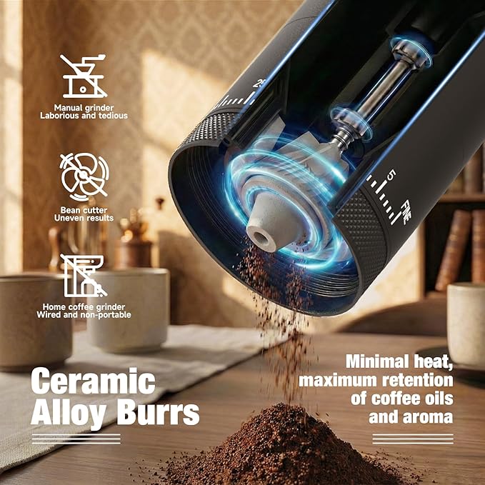 Portable Electric Burr Coffee Grinder, Cordless Rechargeable Coffee Grinder with Ceramic Conical Burr - Ultra Quiet <65dB, 38 Adjustable Settings, USB-C Travel Coffee Grinder for Camping Office Home