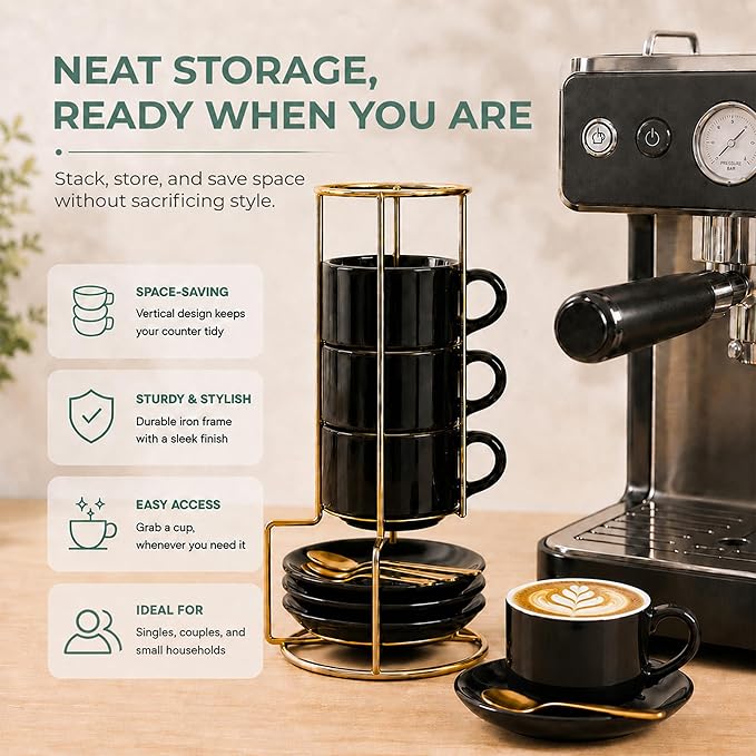 8 Ounce Cappuccino Cups Set of 4, Black | Stackable Cappuccino Mugs, Includes Display Stand, Cups Saucers, and Spoons, for Machines & Home Use, Gold Stand