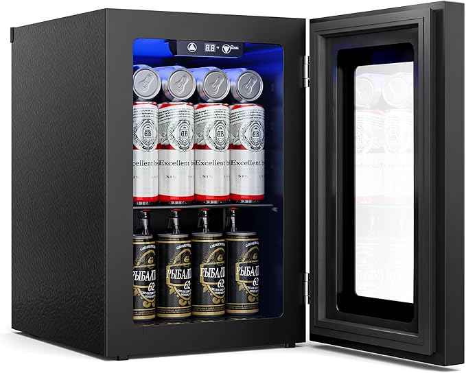 Manastin 18L Beverage Refrigerator Cooler, 24-Can Mini Fridge with Glass Door & LED Light, 40–61°F Digital Temperature Control, Freestanding Drink Fridge for Soda, Beer, Bedroom, Office & Home Bar