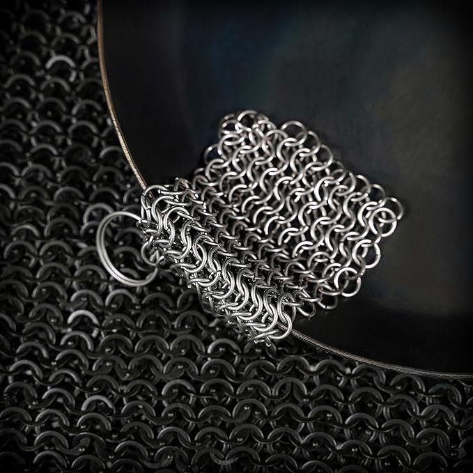 Mythrojan Cast Iron Scrubber 316L Stainless Steel 4 Pack Skillet Cleaner Chainmail Scrubber Scraper for Cast iron Pre-Seasoned Pans, BBQ Grills, Pot Cookware Cleaning