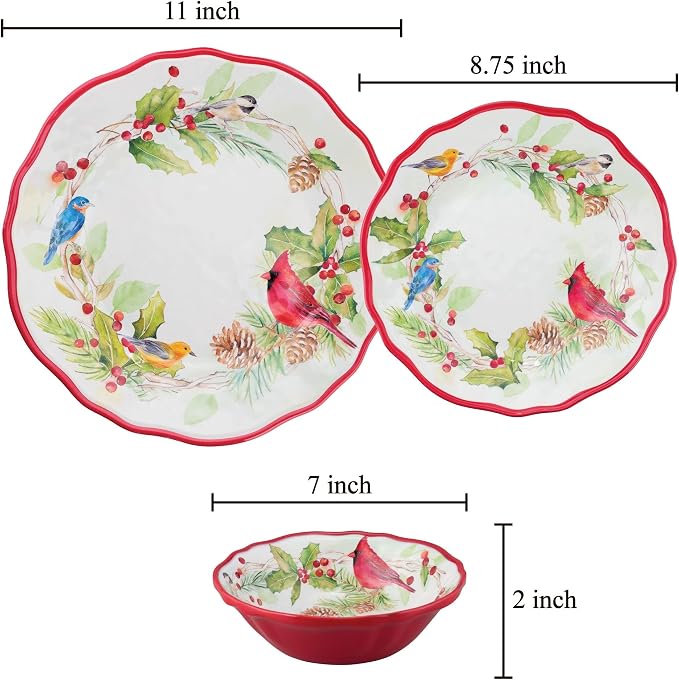 UPware 12 Piece Winter Birds Melamine Dinnerware Sets, Outdoor Dishes Set, Plates and Bowls Sets, Christmas Decorations, Service for 4, Red