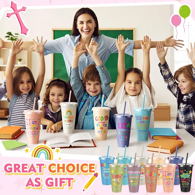 Uiifan 30 Pcs Morandi Christian Cups for Kids, 4oz VBS Pastel Reusable Plastic Tumblers with Lids Straws, Bible Verse Party Plastic Cups for Sunday School, Classroom and Holiday Gifts