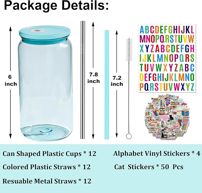 16oz Acrylic Mason Jars Cups, 12 Pack Can shaped Plastic Cups with Lids and Straws, Iced Coffee Cup Cute Drinking Glass Unbreakable Tumbler for Whiskey, Soda, Iced Tea, Colored