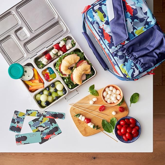 PlanetBox Rover Stainless Steel Bento Box Style Lunch Box Kit for Kids with 5 Compartments, Camo Shark Edition includes Insulated Lunch Bag, Leakproof Food Containers and Matching Magnets