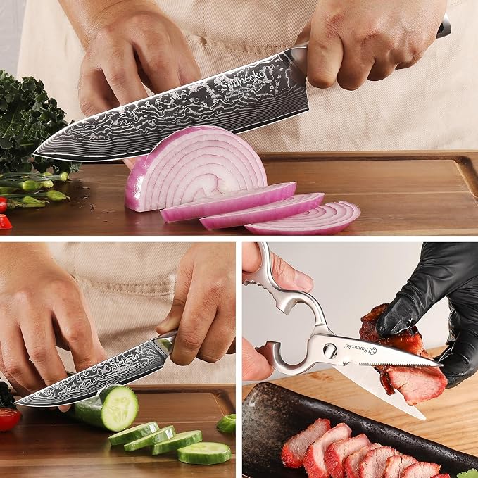 Sunnecko Kitchen Knife Set of 3, Chef Knife Set Damascus Steel Knives Set for Kitchen Sharp VG10 Corn, Full Tang with Gift Box