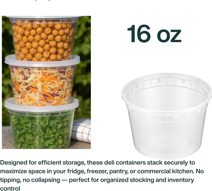 16oz [36 set] Heavy Duty Plastic Deli Container | BPA-Free Food Storage with Airtight Leak‑Proof Lids | Microwave, Freezer & Dishwasher Safe – Stackable, Bulk Reusable Soup & Meal Prep Tub