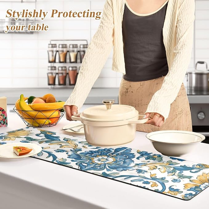 2 in 1 Table Runner Trivet for Hot Pots and Pans Heat Resistant Non Slip Waterproof 39 x 12 Inch Decorative Table Protector for Kitchen Countertop Floral Blue and Yellow Tile