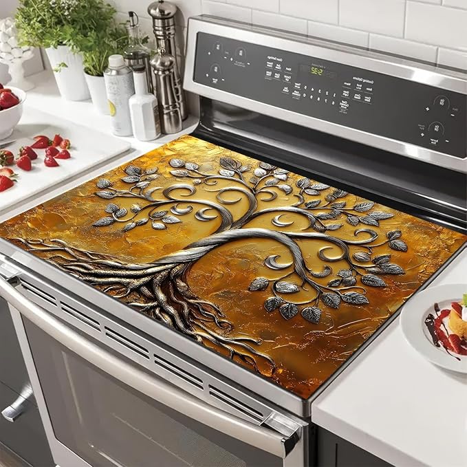HOMETITUTE Stove Top Covers Pad Silver Tree of Life Kitchen Decorations 28 x 20 inches Stove Top Cover for Electric Coffee Bar Mats Pad Fit Coffee Maker Machine Countertops and Sinks