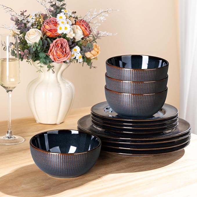 GBHOME Ceramic Dinnerware Sets,12 pcs Embossed Elegant Stoneware Plates and Bowls Sets, Housewarming Wedding Gift | Dishwasher & Microwave Safe | Dishes Set Service for 6