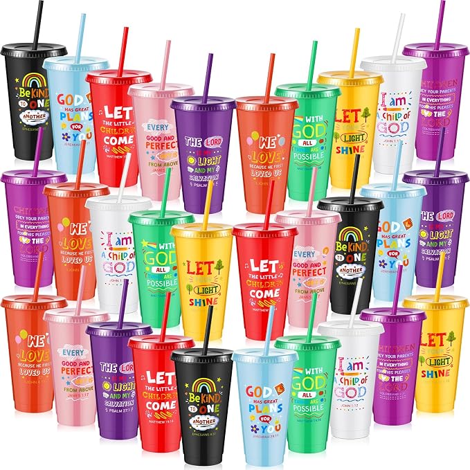 Uiifan 30 Pcs VBS Christian Cups for Kids Bulk, Reusable Plastic Tumblers with Lids and Straws, Bible Verse Cups for Sunday School, VBS, Church Events, Classroom Rewards, Kids Party (Multicolor)
