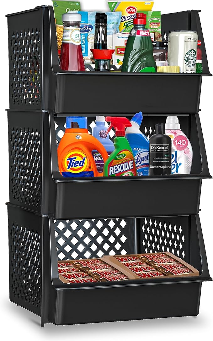TidyFriend 3 Pk Large Stackable Storage Bins Open Front for Pantry Organizers and Storage, Pantry Storage for Food, Kitchen and Home Organization, Plastic Storage Bins, Dorm Room Essentials (Black)
