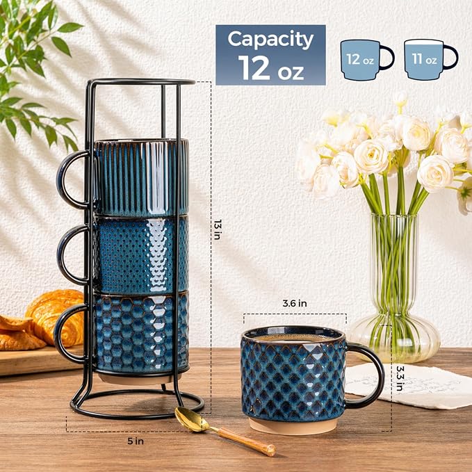 GBhome 12OZ Stackable Coffee Mugs with Stand, Ceramic Coffee Mugs with Texture Patterns for Man,Woman,Dad,Mom, Modern Coffee Cups Set of 4 for Latte/Cappuccino/Cocoa. Dishwasher&Microwave Safe