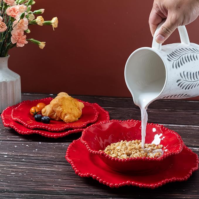 Christmas Red 18 Piece Beaded Melamine Dinnerware Sets, Service for 6, Lightweight Unbreakable, BPA Free With Scalloped rim Plates and Bowls Sets, Dishwasher Safe, Indoor and Outdoor Use