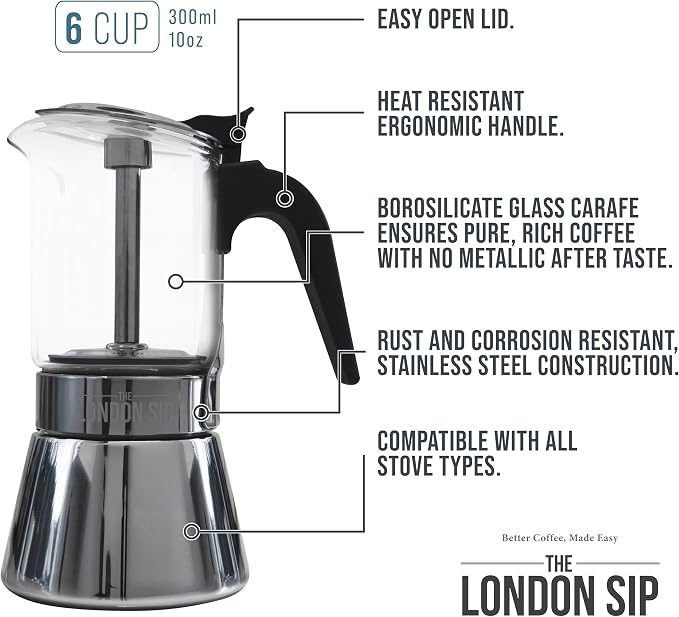 The London Sip Glass and Stainless Steel Stovetop Espresso Maker Moka Pot Italian Coffee Percolator, Glass, Medium (10.14 oz)