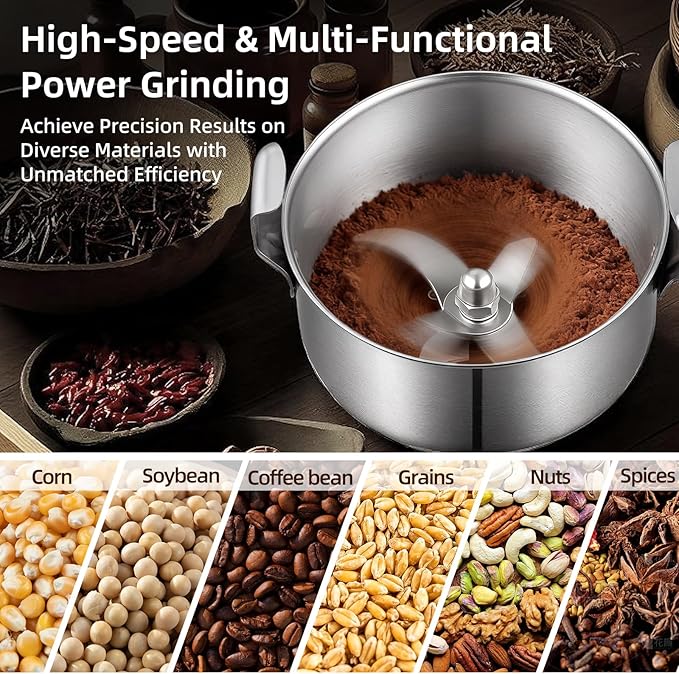 Grain Mill Grinder, 800g Electric Grain Mill for Flour, 3000W High-speed Wheat Grinder with Bottle-Cap Style Sealing Lid, 110V Commercial Powder Grinder for Dry Spice Bean Grains Coffee Pepper