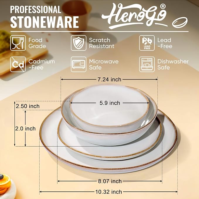 Herogo 24Pcs Plates and Bowls Dinner Set, Stoneware Dinnerware Dishes Sets for 6, Ceramic Dishware Tableware Includes Dinner Salad Plates, Soup Bowls, Microwave & Dishwasher Safe, Pearl White