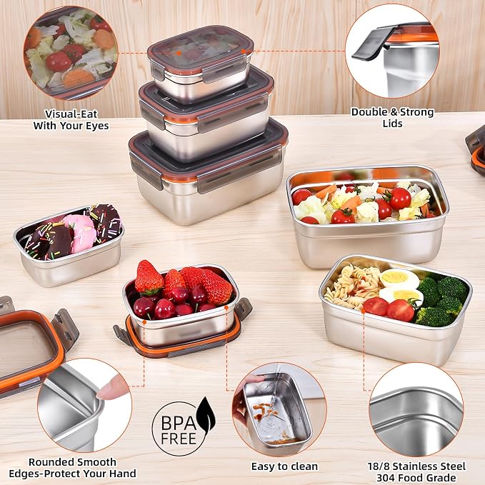 Stainless Steel Airtight Food Storage & Bento Lunch Box Set of 6 - Leakproof Seal, Dishwasher & Freezer Safe, Stackable, 3 Sizes (19.4/38.8/67oz) for Meal Prep, Work, Travel