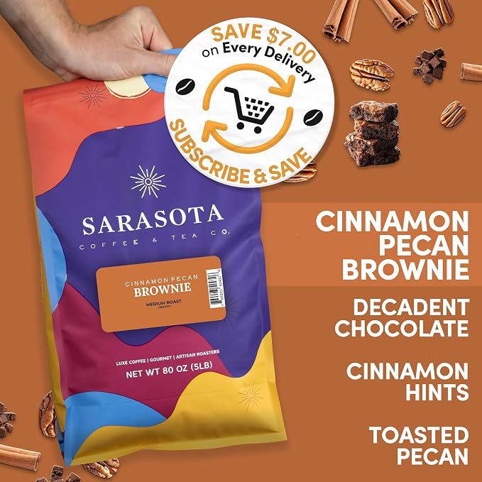Sarasota Coffee Ground Cinnamon Pecan Brownie | Medium Roast Gourmet Flavored Coffee Grounds | Low Acid, Mold Free, Specialty Grade Flavored Bulk Ground Coffee | 5lb (80 oz)