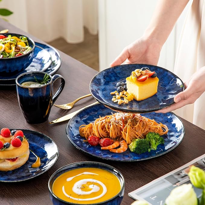 vancasso Starry 16 Pieces Dinnerware Set for 4, Reactive Glaze Blue Stoneware Plates and Bowls Set, Dishes Set with Mugs for 4, Microwave & Dishwasher Safe