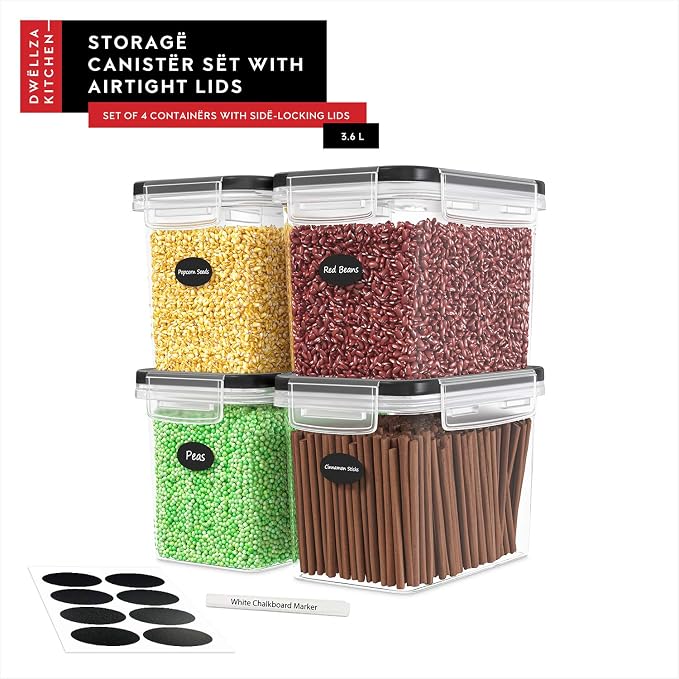 DWËLLZA KITCHEN Flour Sugar Storage Containers Set of 4; 3.6L Plastic Airtight Food Storage Containers with Lids for Kitchen Pantry Organization and Storage - Dry Food Containers, Labels & Marker