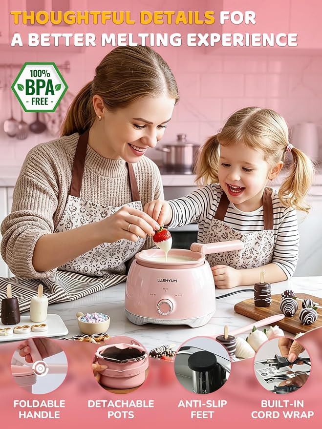 LUSHYUM Electric Chocolate Melting Pot with 2 Insert Pots, 4-Cup Chocolate | Even Heating & Fast Melting, BPA-Free Silicone, Easy Clean, Less Waste, Ideal for Chocolate & Candy Melts, Parties & Fondue