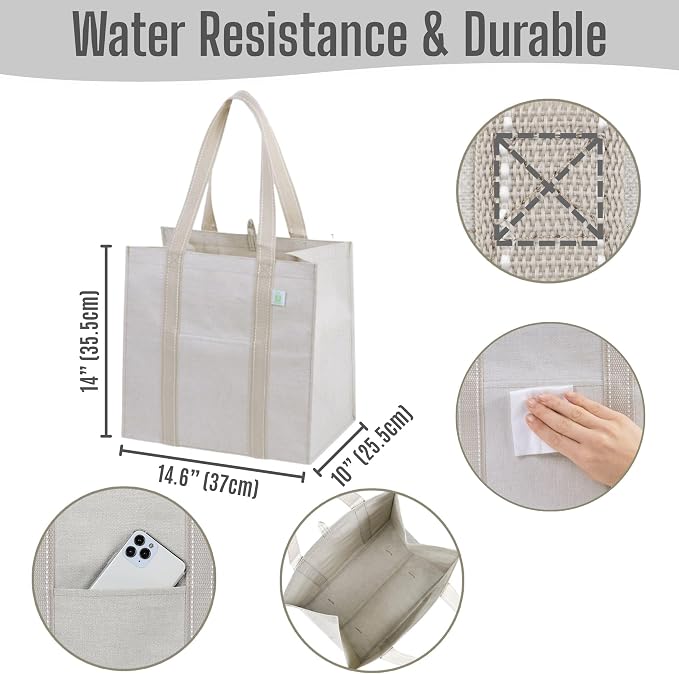 VENO 4 Pack Reusable Grocery Bags, Heavy-Duty Shopping Bags with Handles, Bags for Shopping Cart with Hard Bottom to Stand Upright, Foldable, Multi-Purpose, Sustainable (Beige, 4 Pack)
