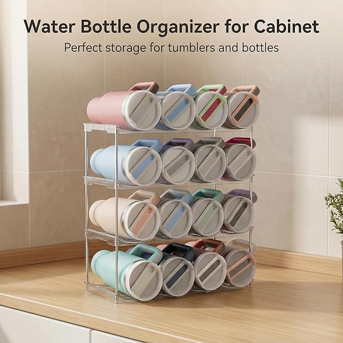 Stackable Water Bottle Organizer for Stanley 40 oz Tumbler, Larger Water Bottle Holder for Kitchen Cabinet, Pantry Organizers and Storage for Stanley Cup and Tumbler Organizer, Hold 16 Bottles