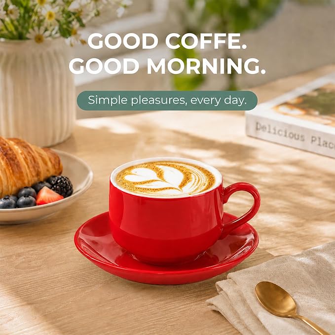 8 Ounce Cappuccino Cups Set of 4, Red | Stackable Cappuccino Mugs, Includes Display Stand, Cups Saucers, and Spoons, for Machines & Home Use, Gold Stand