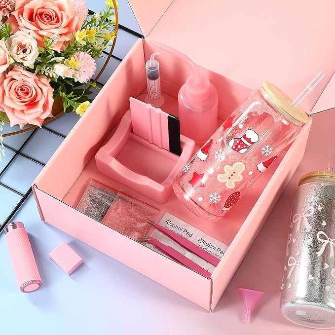 Baderke 20 Pcs Snow Globe Tumbler DIY Kit 16 oz Tumbler Squeeze Bottle, Glitter, Funnel Tweezer Silicone Cup Cradle Measuring Cup Glove Flashlight Buffer for Beginner(Pink,Classic)