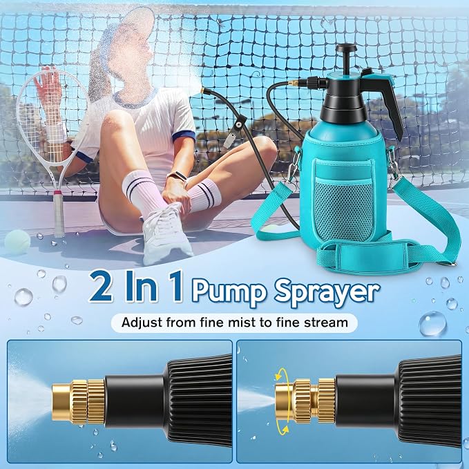 Aurelema Personal Mister, 2 in 1 Water Spray Bottle with 3.3ft Extend Mist Line/Neoprene Jacket/Strap, Portable Handheld Pump Spray Bottle for Outdoor Cooling, Hiking, Garden, Pet(Blue,2L)