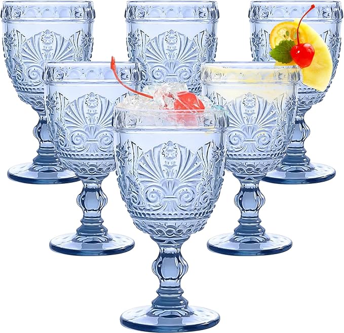 6 Pcs Goblet Glasses 10 oz Wine Glasses, Drinking Glasses Colored Retro Embossed Water Goblets For Wine Juice Baby Shower Wedding Reception Grand Event Party, Dishwasher Safe (Blue)