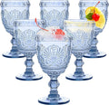 6 Pcs Goblet Glasses 10 oz Wine Glasses, Drinking Glasses Colored Retro Embossed Water Goblets For Wine Juice Baby Shower Wedding Reception Grand Event Party, Dishwasher Safe (Blue)