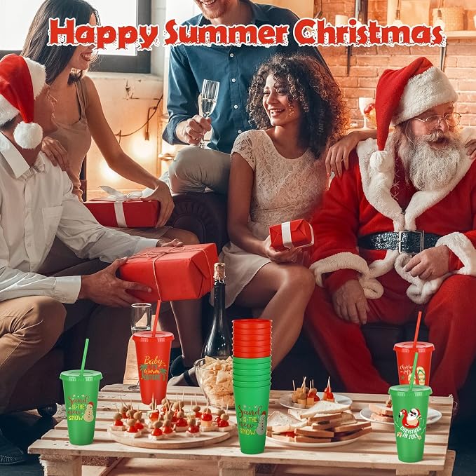 Kochorie 24 Pcs Christmas in July Plastic Cups 24 Oz Reusable Summer Christmas Party Cups with Lids and Straws Thick Plastic Tumbler Bulk for Summer Christmas Party Supplies