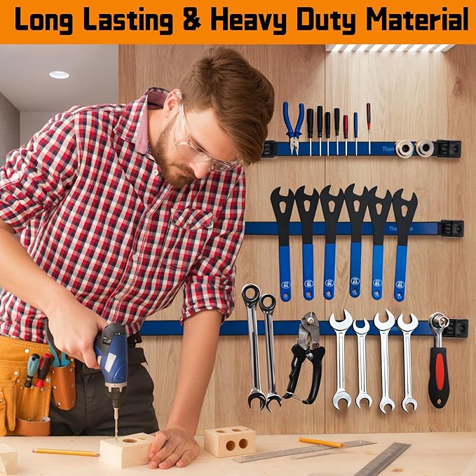18" Magnetic Tool Holder Strip, 6 Pieces Blue Metal Tool Organizer Rack with Stainless Steel Surface, Magnet Bar for Garage Workshop, Easy To Install with Mounting Screws