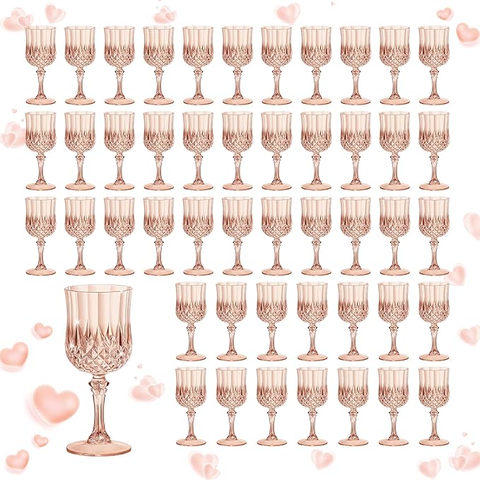 7OZ Plastic Wine Glasses, Reusable Vintage Goblets Unbreakable Drinking Glasses Crystal Water Cups Champagne for Wedding, Parties (48, Rose Gold)