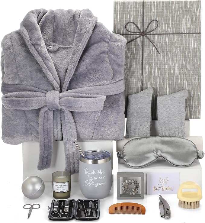 Nuogo 15 Pcs Birthday Gifts for Men Beard Care Set for Him Dad Birthday Gifts Basket Ideas Kit for Men Tumbler Bath Robe for Father's Day Dad Husband Boyfriend Box(Unhooded,Grey)