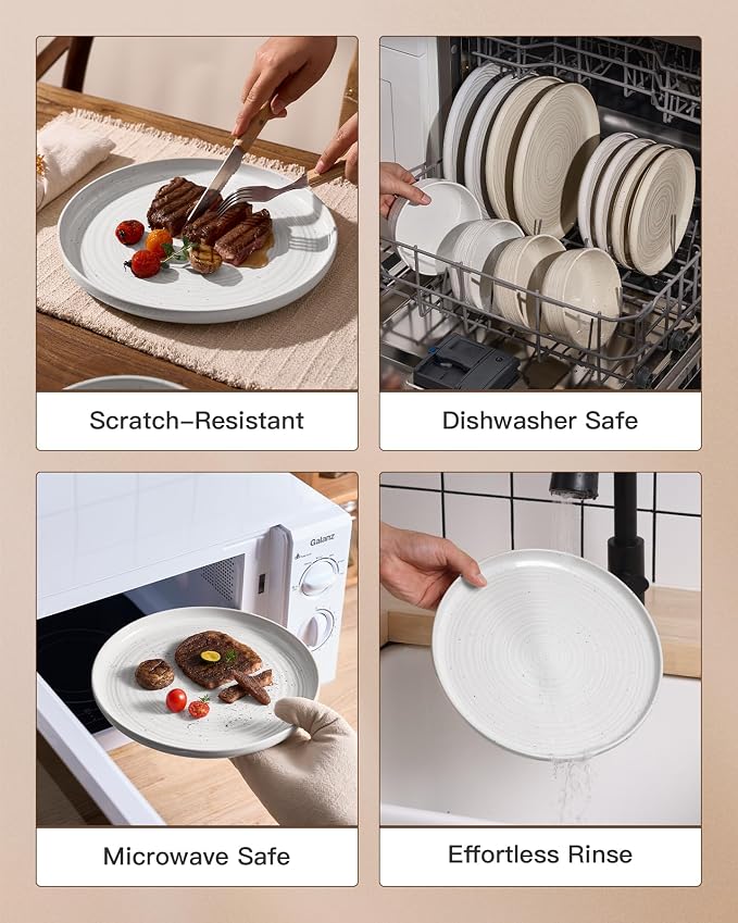 24-Piece Reactive Glaze Stoneware Dinnerware Sets for 8 - Coupe Plates & Bowls with Speckles & Spirals - Chip & Scratch Resistant Dishes, Microwave & Dishwasher Safe - Gift Box, White