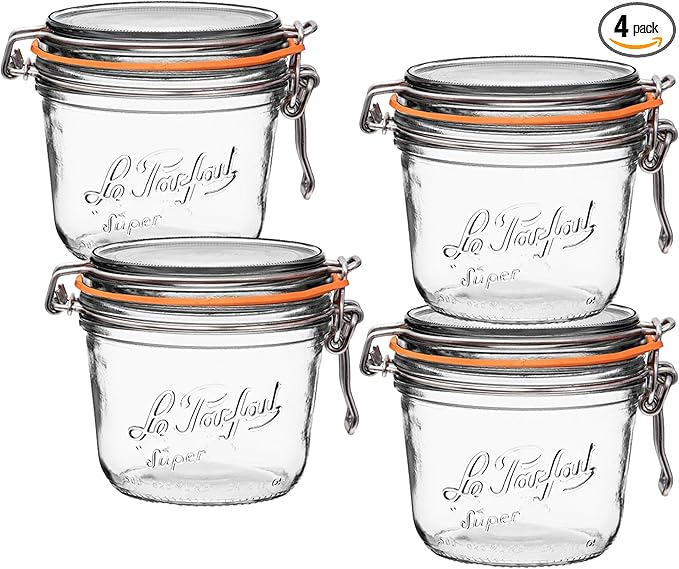 Le Parfait Super Terrine 500mL (16oz) Zero Waste Eco-Friendly Glass Canning Jars, Airtight Rubber Seal & Wire Bail Lid, BPA-Free, Water Bath Safe for Food Storage & Preserving, Made in France, 4PK