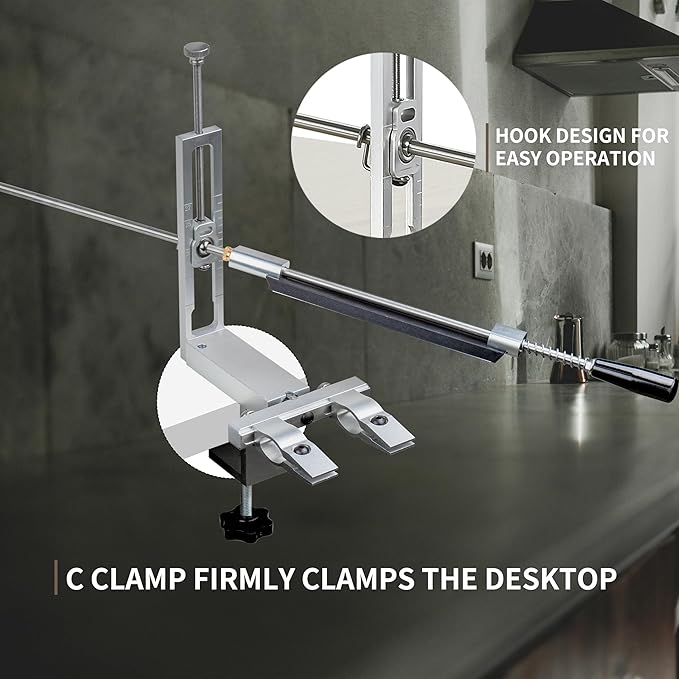 CWOVRS S09 Precision Knife Sharpening System–Quick C-Clamp Fixed-Angle Knife Sharpener W/ 2-Adjustable Angle System (15°–27°), 360° Flip Dual Clamp, Chef Kitchen Knife Sharpener, 6 Premium Stones Kit