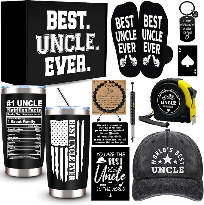 11 Pcs Best Uncle Ever Gift, Father's Day Gifts, Uncle Gifts for Men with 20 Oz Tumbler Socks Baseball Cap Tape Measure Bracelet Wallet Card Keychain, Birthday Christmas Gift from Niece Nephew