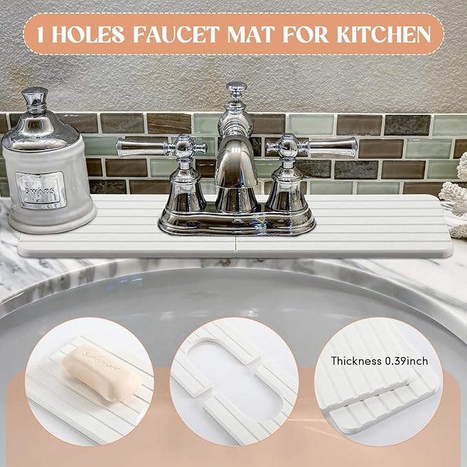 Funnymoom Stone Faucet Mat Sink Splash Guard, 24" Diatomite Quick Drying Stone Faucet Mat, Super Absorbent, Kitchen Sink Oval and Round Splash Tap Pad for Bathroom Counter & Kitchen(White)