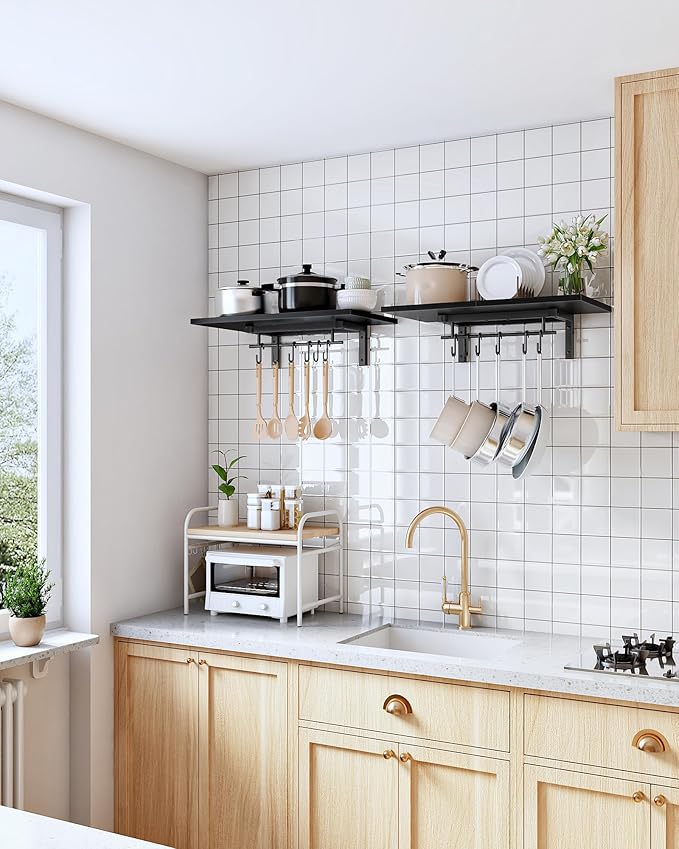 CHOEZON Wall-Mounted Pot Racks, Set of 2 Hanging Pot Rack, Floating Shelves, Vintage Pot Hangers for Kitchen, 2-Tier Hanging Shelves for Kitchen Storage, Black TPR26P2BB
