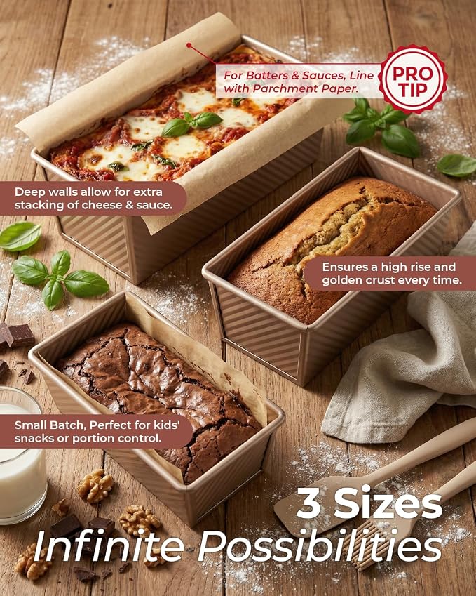 CARTMAN 3-Piece Pullman Loaf Pan with Lid Set – Non-Stick Carbon Steel Bread Pan with Bottom Vents – Includes Large (12"), Medium (8") & Mini (7") Sizes plus Silicone Tools – Champagne Gold